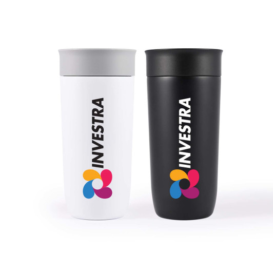A reusable coffee cup set featuring a white and a black stainless steel design, both with a logo.