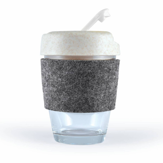 A reusable coffee cup with a frosted lid, featuring a grey felt band for insulation.