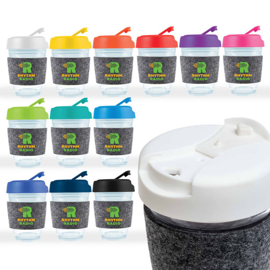 A reusable coffee cup featuring a flip lid, available in various colors with a textured RPET band and a logo.