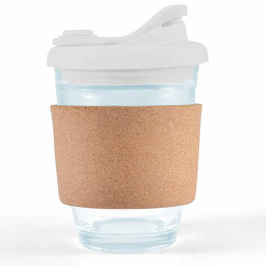 A reusable coffee cup featuring a transparent glass body, a white snap lid, and a cork band around the middle.