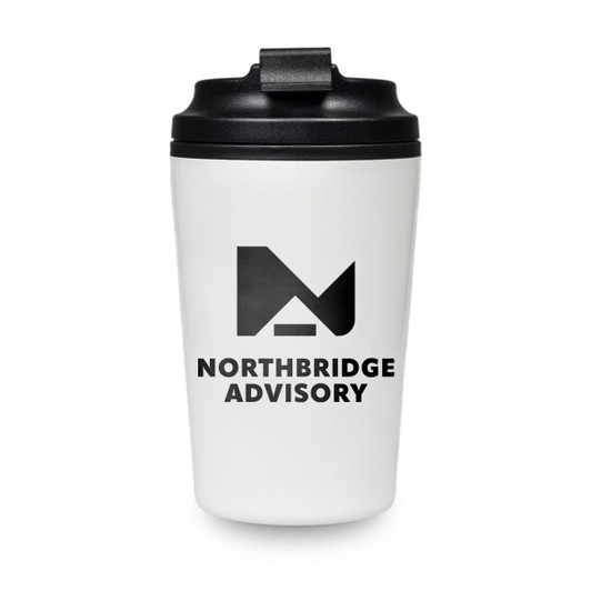 A reusable coffee cup in white with a black lid and branding on the front.