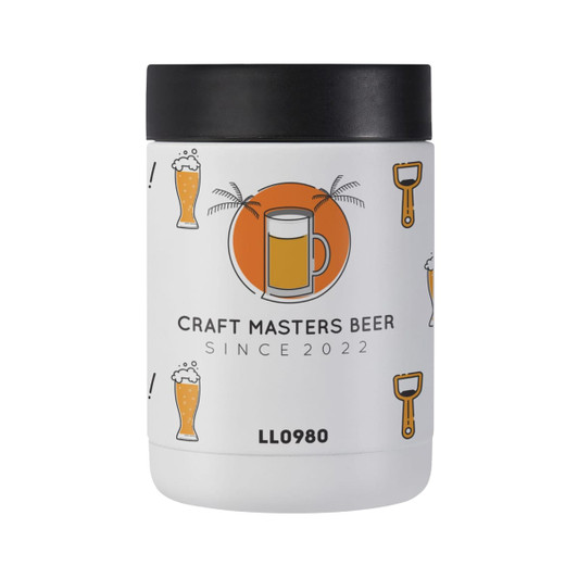 A drink bottle in white with black lid, decorated with beer glasses, a bottle opener, and a logo.