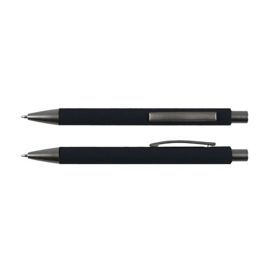 A black pen with a rubber grip and metal accents, featuring a cap and clip design.