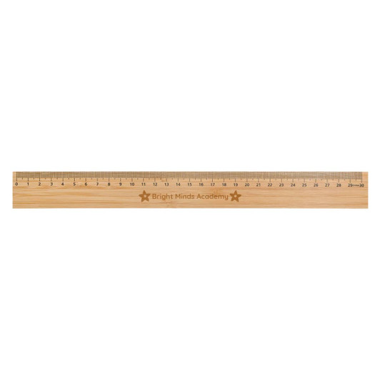 A bamboo 30cm ruler featuring engraved markings and a logo, in a natural wood colour.