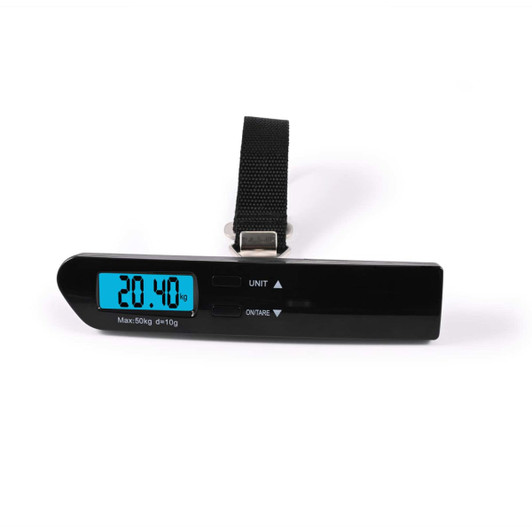 A digital luggage scale in black with a blue display and a strap, showing a weight of 20.40 kg.