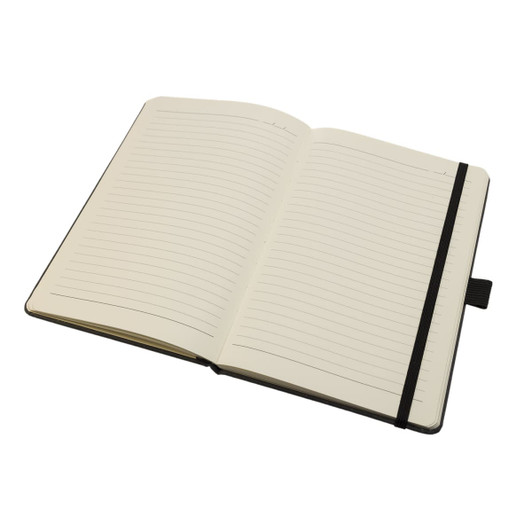 A recycled leather notebook with a hard cover, featuring lined pages and a black elastic band closure.