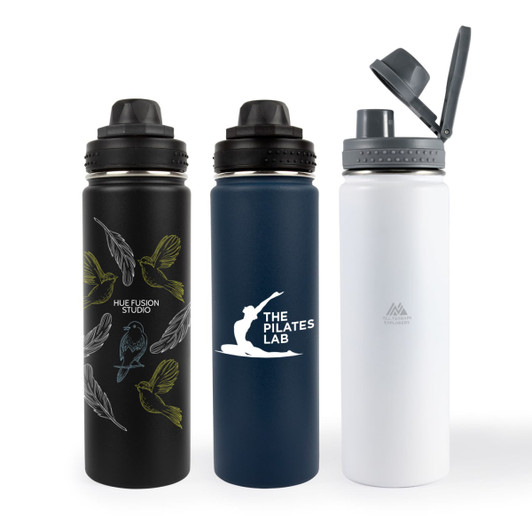 A drink bottle collection featuring a black bottle with colorful bird designs, a navy blue bottle with a logo, and a white bottle.