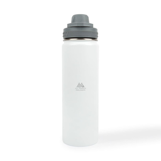 A drink bottle in white with a gray lid, featuring a logo on the body.
