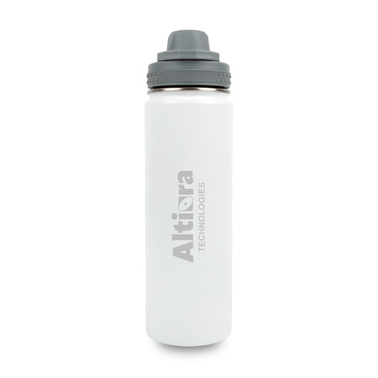 A drink bottle in white with a grey lid and a logo. It features a stainless steel vacuum design.