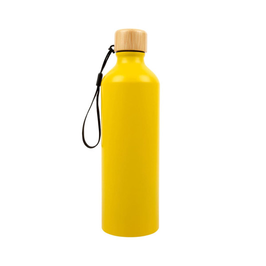 A drink bottle in bright yellow featuring a bamboo lid and a carrying strap. Includes a logo on the surface.