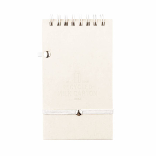 A white notepad made from recycled materials, featuring a spiral binding and a secure closure. It includes a pen.