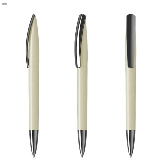 A metallic pen in cream with shiny black accents, featuring a sleek design and a built-in clip.