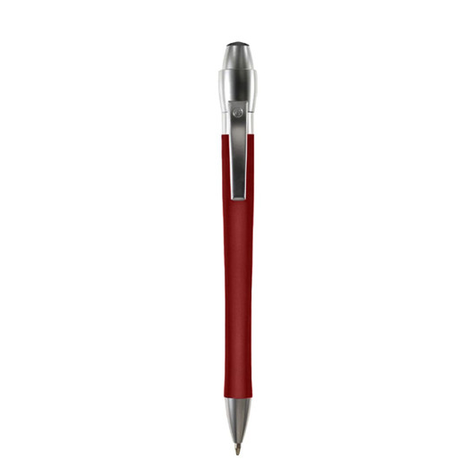 A metal pen in red with a silver clip and a branded logo on the side.