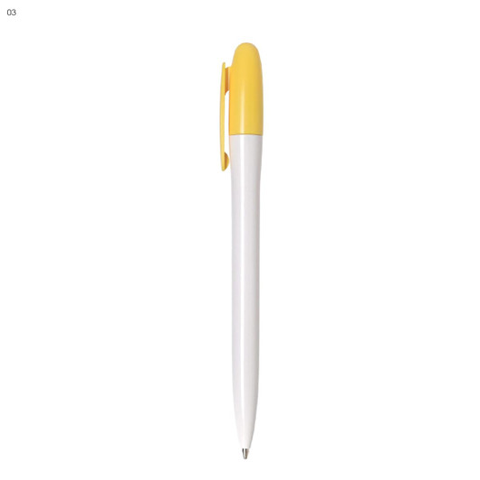 A plastic pen with a white body and a bright yellow cap, featuring a brand logo.