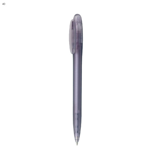 A transparent purple plastic pen with a rounded top and clip. It features a simple design and branding.