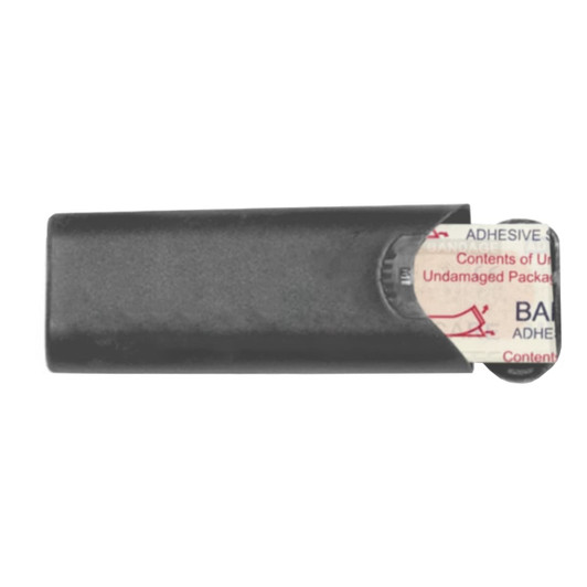 A black bandage case containing adhesive bandages, featuring a protective cover for easy access.