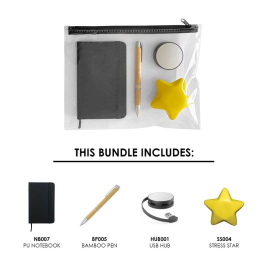 A clear zip pouch containing a black notebook, bamboo pen, USB hub, and a yellow stress star.