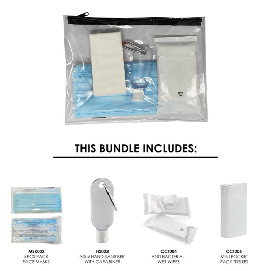 A clear pouch containing masks, hand sanitiser, antibacterial wipes, and pocket tissues, predominantly in blue and white.