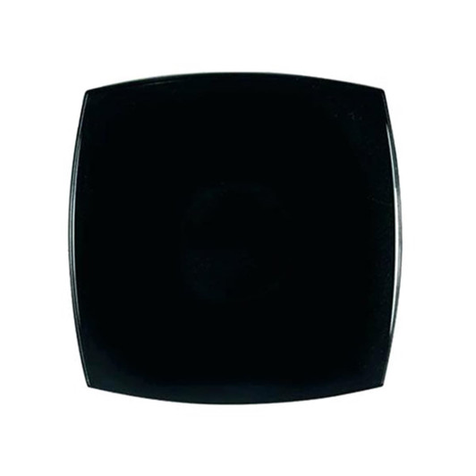 A square black compact with a glossy finish, featuring a logo on the top.