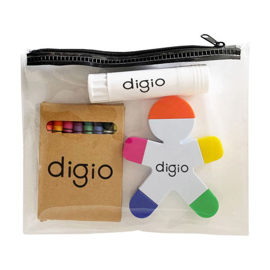 A clear pencil case containing coloured markers, a glue stick, and a multi-coloured character figure, all featuring a logo.