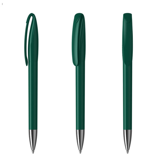 A set of green plastic pens with a clip and a smooth barrel design, featuring a metallic tip.