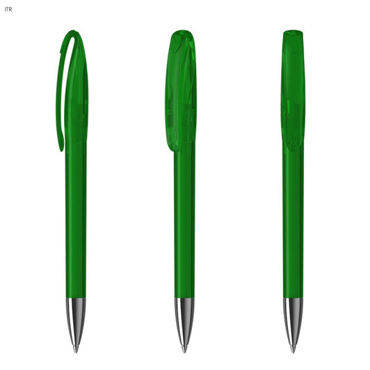 Three transparent green plastic pens with silver tips and clips. The pens are shown from different angles.