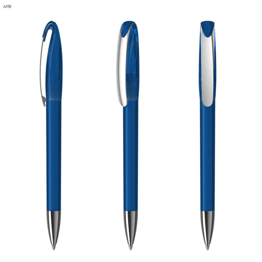 A transparent blue plastic pen with a silver clip, featuring three different views of the product.