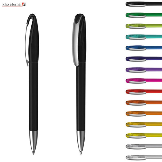 A set of plastic pens in various colours, featuring a black pen in the foreground with a logo.
