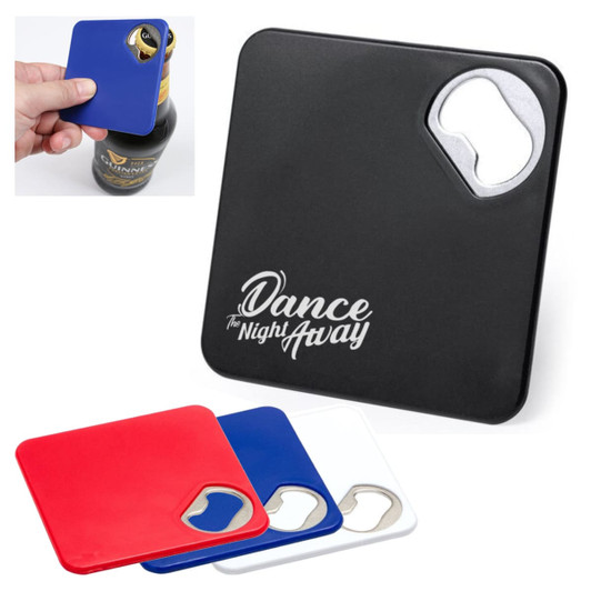 A drink bottle opener coaster set in black, red, blue, and white, featuring a bottle opener cutout and a logo.