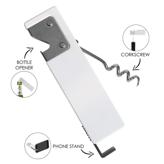 A drink bottle opener in white with a corkscrew and a phone stand feature, also displaying a logo.