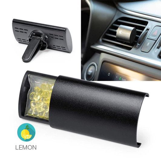 A black Arlo Car Air Freshener with lemon-scented beads, designed to fit in car vents, featuring a logo.