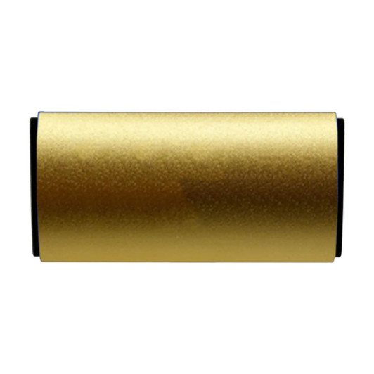 A gold cylindrical car air freshener with black accents and a logo.