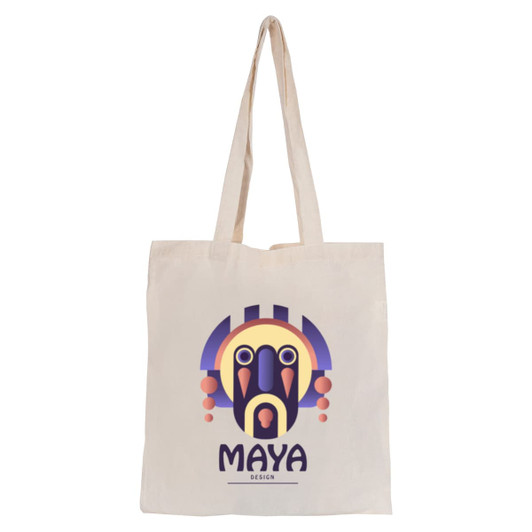 A cream tote bag featuring a colourful logo design. The bag has two handles for carrying.