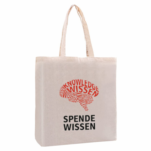 A natural-coloured tote bag with a gusset, featuring a logo and text in red and black.