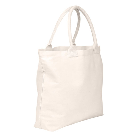 A white tote bag with two handles and no gusset, featuring a simple design and a branding logo.