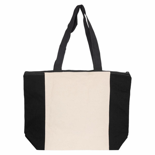 A two-tone tote bag featuring a black and cream design with long handles and a zip closure.