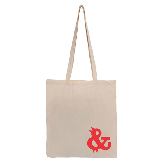A beige calico tote bag with long handles and a red logo design on the front.