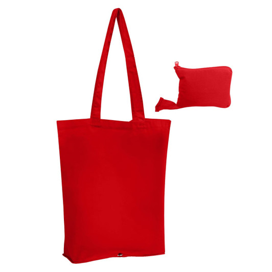 A bright red foldable calico tote bag, designed to conveniently pack into a small pouch. Includes a logo.