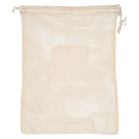 A mesh produce bag in natural cotton colour, featuring a square patch and a drawstring closure.