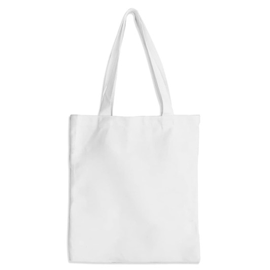 A white tote bag with two handles and a blank surface. It features a logo on one side.