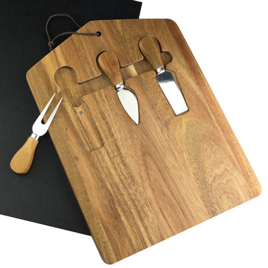 A wooden cheeseboard in a natural finish, featuring three stainless steel knives with wooden handles.