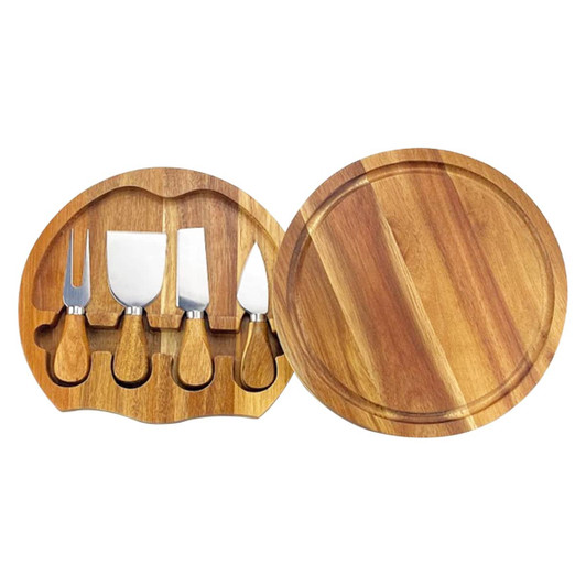 A wooden cheeseboard with a circular design, featuring four stainless steel knives inlaid within the board.