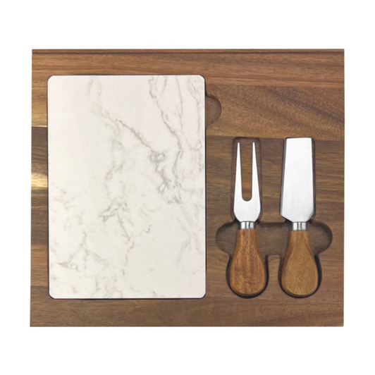 A marble cheeseboard with a wooden base and two knives featuring wooden handles.