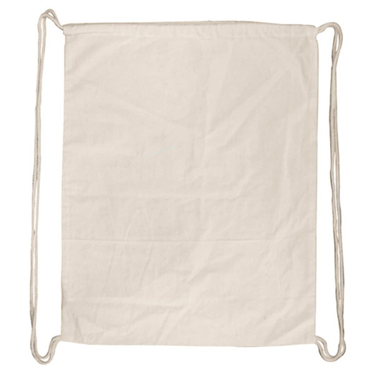 A cream drawstring bag with a simple design and two sturdy drawstrings. It features a branding logo.