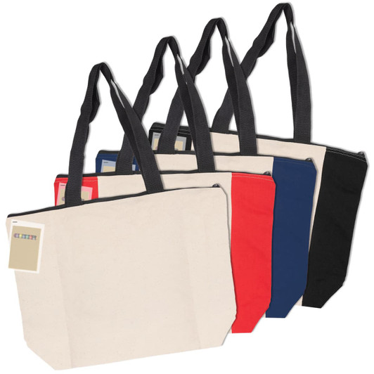 A set of five Colouring Calico Zip Shoppers in cream, red, navy, and black, featuring sturdy straps and zippers.