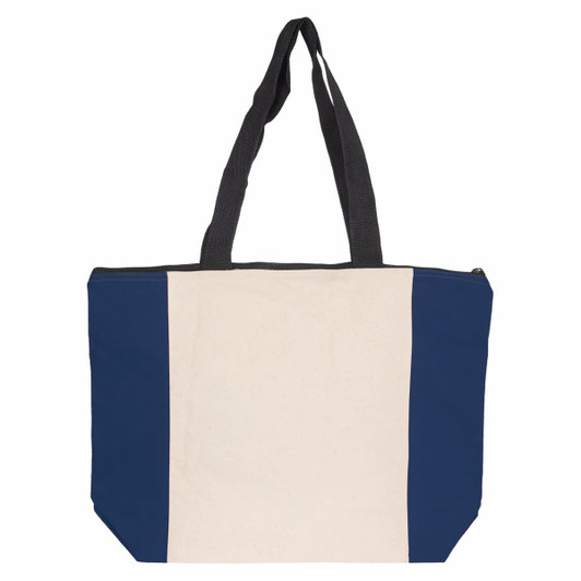 A calico tote bag featuring a cream centre with dark blue sides and black handles. It has a zip closure and branding.