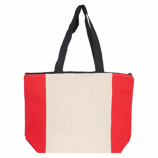 A tote bag with a cream body, red side panels, and black handles, featuring a zip closure and a logo.