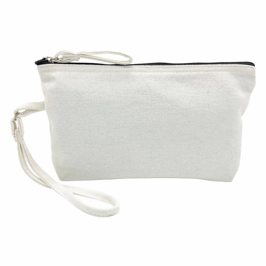 A cosmetic bag in white canvas with a black zipper and a detachable wrist strap. It features a logo on one side.