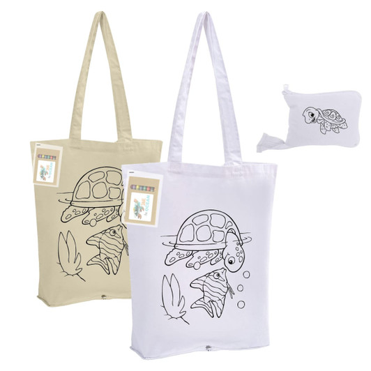 Two foldable calico tote bags in cream and white, featuring turtle designs and a small matching pouch.