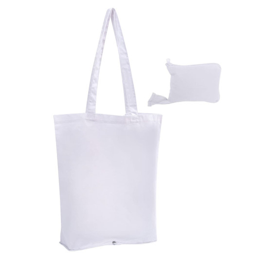 A foldable calico tote bag in white, featuring long handles and a compact, foldable design. It has a logo or branding.